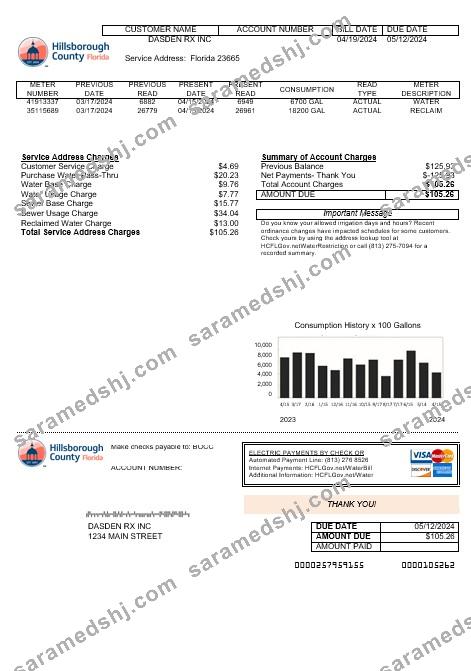 USA Hillsborough County business utility bill template in Word and PDF formats